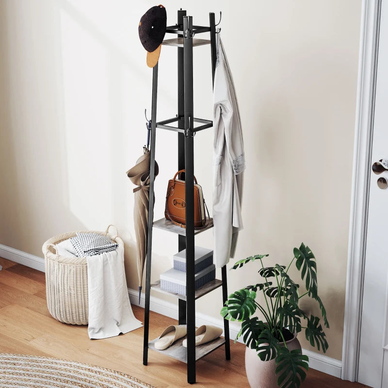 Industrial-Style Four Shelf Coat Stand - Modern Grey and Black Entryway Organizer for Coats, Hats, and Accessories