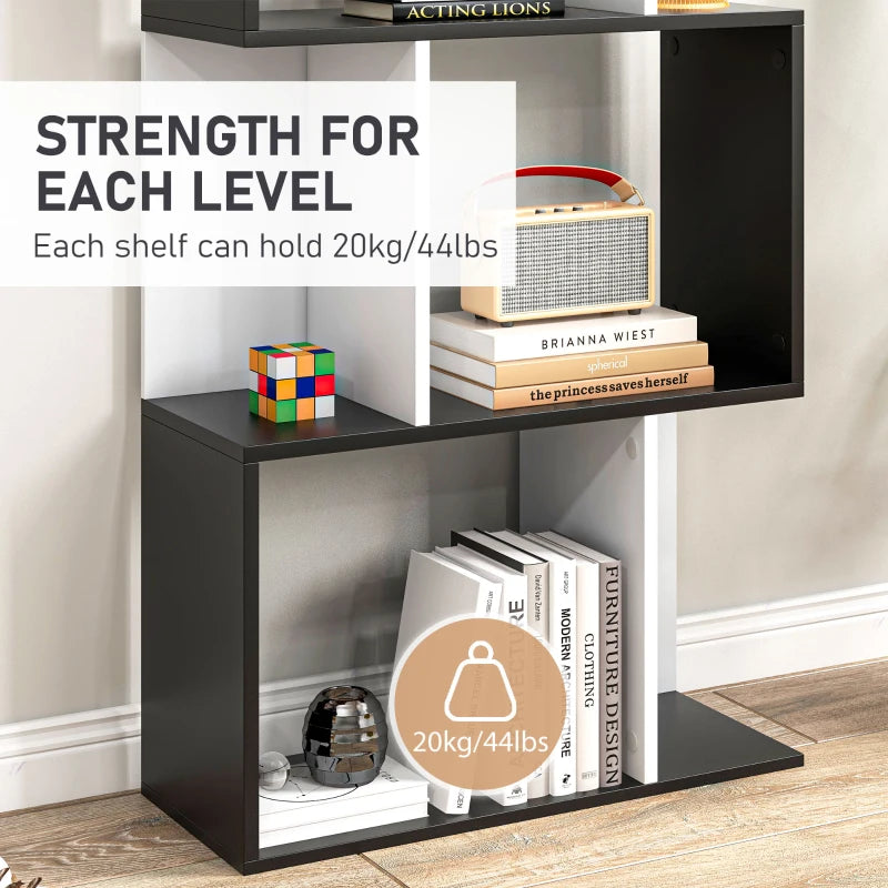 S-Shaped Wooden Bookcase - 5/6 Tier Freestanding Storage Shelf for Home Office - Black & White Decorative Display Rack