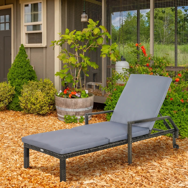 Grey Rattan Outdoor Sun Lounger with Adjustable Backrest and Wheels