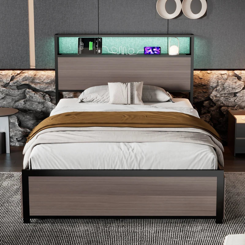 Metal Single Bed with LED Light Strip, 4 Drawers & 3 USB Ports - Stylish Grey Bedroom Furniture, 207x90.5x105 cm