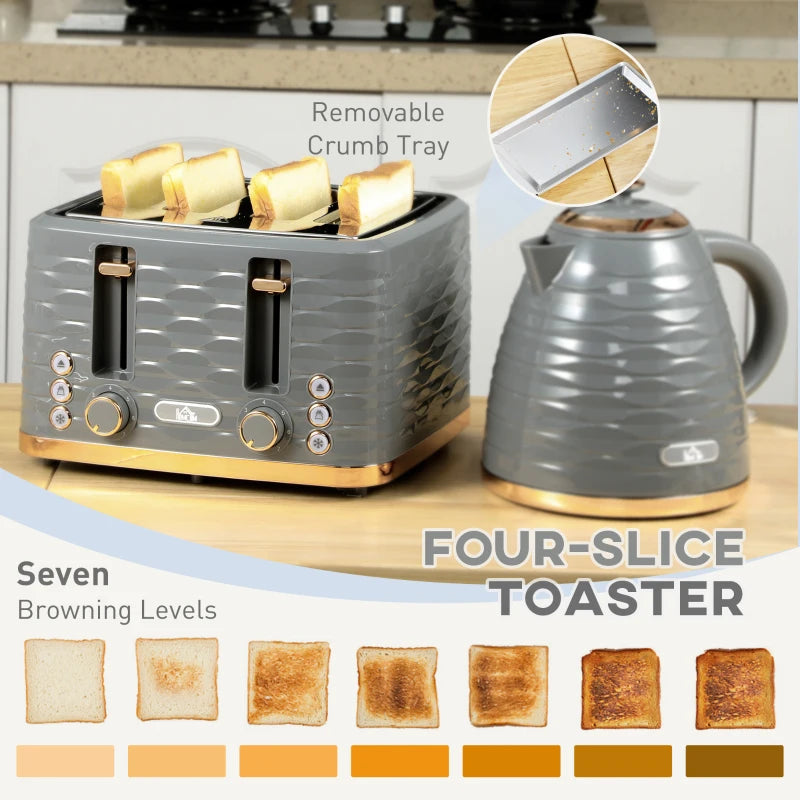 3000W Kettle & 4 Slice Toaster Set - 1.7L Rapid Boil, 7 Browning Controls, Defrost & Reheat, UK Otter Thermostat, Grey