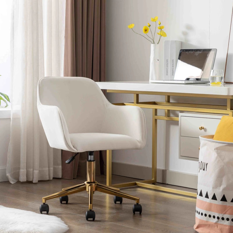 Ivory Velvet Adjustable Height Swivel Executive Office Chair with Gold Legs & Ergonomic Backrest - 58x58x86 cm