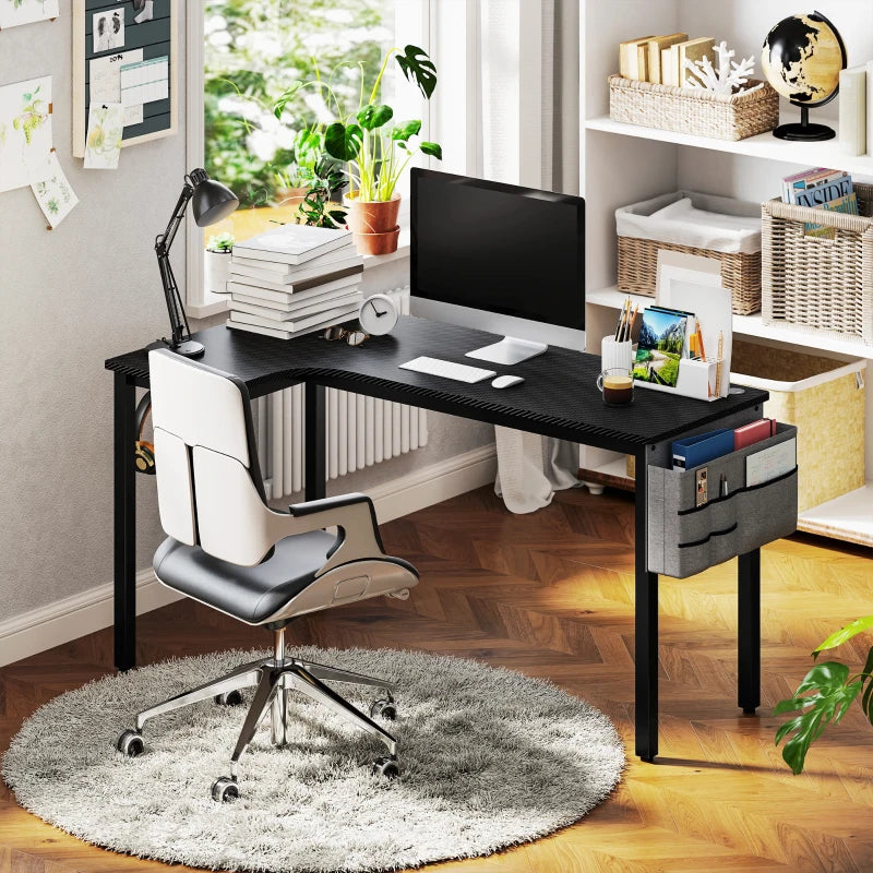 L-Shaped Gaming Desk with Fabric Bag, Hooks & Cable Management - 145x81x76cm - Stylish Black Computer Desk