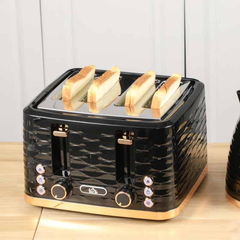Premium Four-Slice Rippled Toaster in Black - Stylish Design, Fast Toasting, Perfect for Family Breakfasts