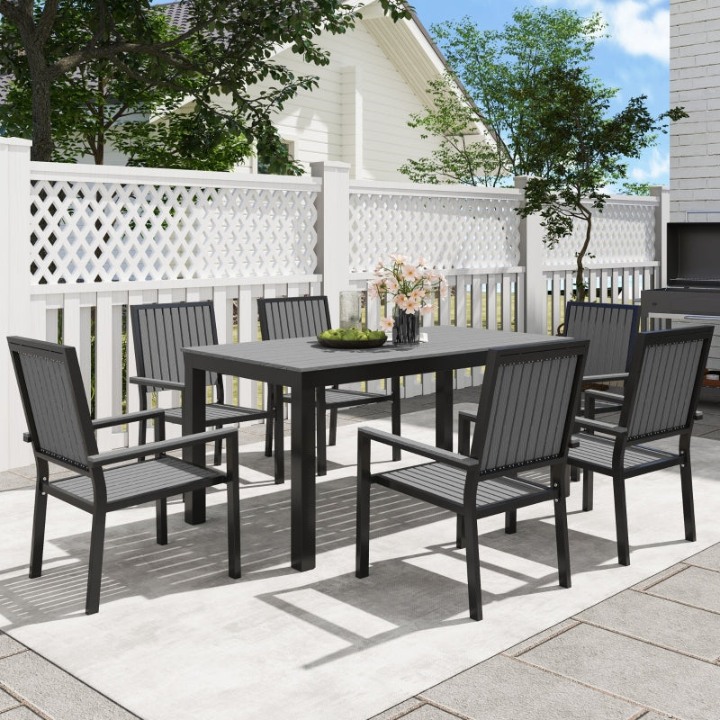 6 Seater Garden Dining Set with Stackable Chairs - Outdoor Aluminium Table & Grey Furniture