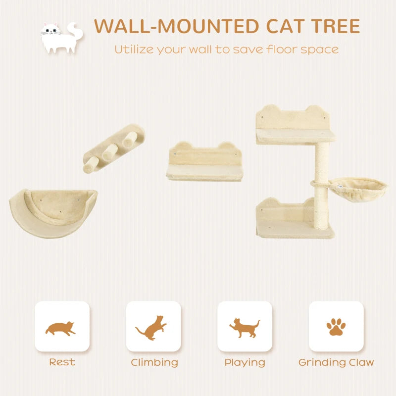 4PC Wall-Mounted Cat Shelves Set with Scratching Post, Hammock & Nest - Beige Cat Furniture for Climbing & Relaxing
