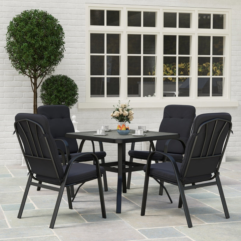5-Piece Outdoor Square Garden Dining Set with Glass Table & Cushioned Chairs - Black