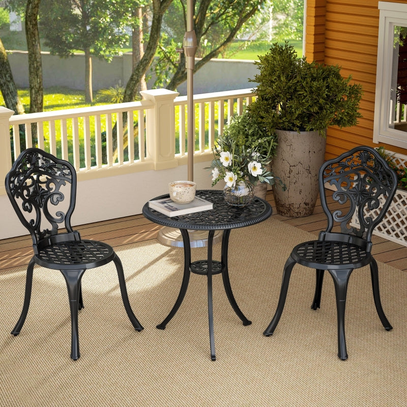 3 Piece Black Cast Aluminium Garden Bistro Set for 2 - Outdoor Coffee Table Set with Parasol Hole, Includes 2 Armless Chairs and Round Coffee Table for Balcony and Patio