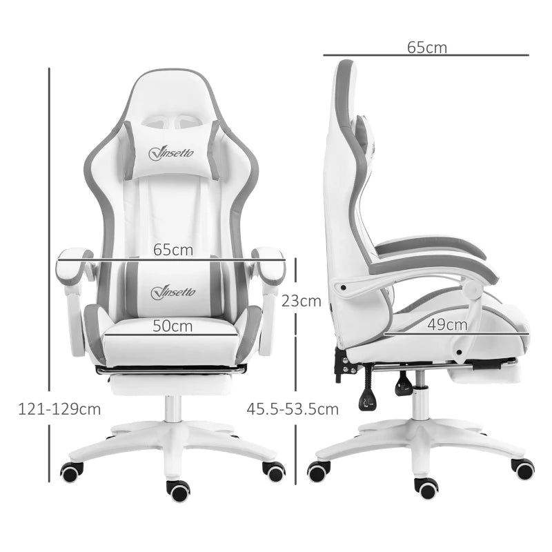 Vinsetto Gaming Chair with Footrest - PU Leather Swivel Desk Chair, 135° Recline, Lumbar Support, White & Grey