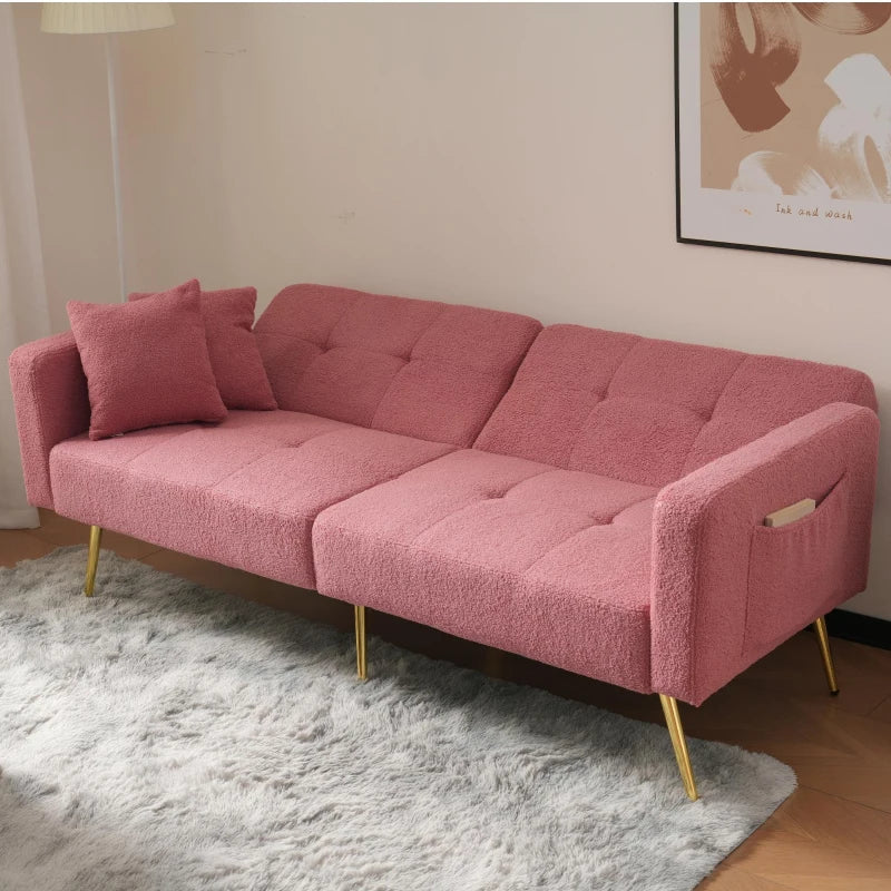 Adjustable Backrest Sofa Bed with Gold Legs and Side Pockets, Sherpa Fabric, Pink, 176L x 64W x 75H cm