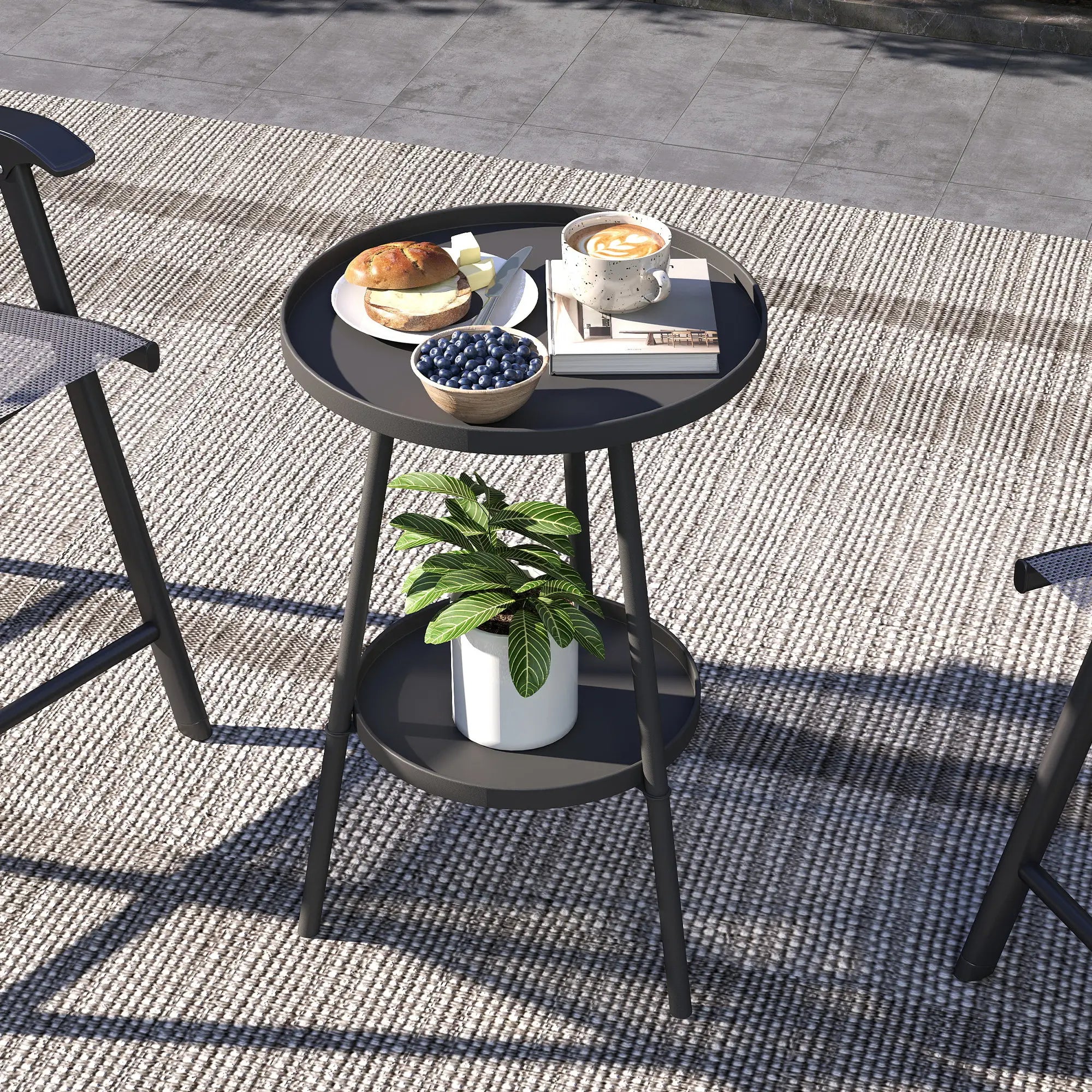 Black 2-Tier Small Round Garden Table - Metal Patio Table - Coffee Table for Porches, Decks & Balconies