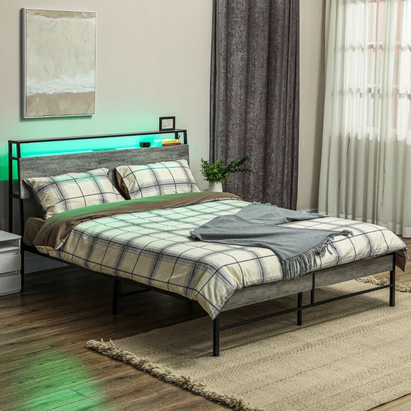 Modern Double Steel Bed Frame with LED Lights & Headboard Shelf - Stylish Grey Design for Ultimate Comfort