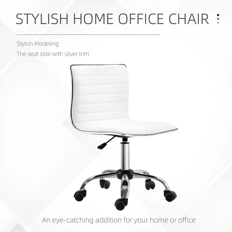 Adjustable Swivel Office Chair - Armless Mid-Back Design in White PU Leather with Chrome Base for Modern Workspaces