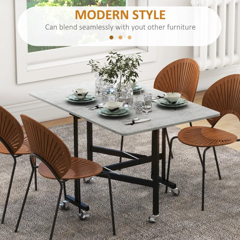 Mobile Drop Leaf Folding Dining Table with 6 Wheels & Brakes - Space-Saving Kitchen Table in Grey Marble Effect