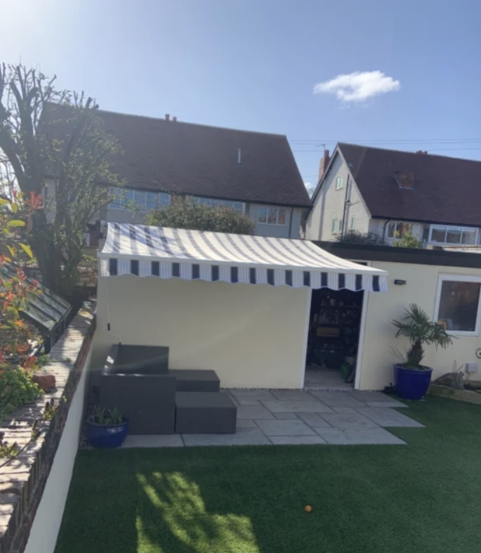 Blue & White Striped Manual Retractable Awning - 3m x 2.5m