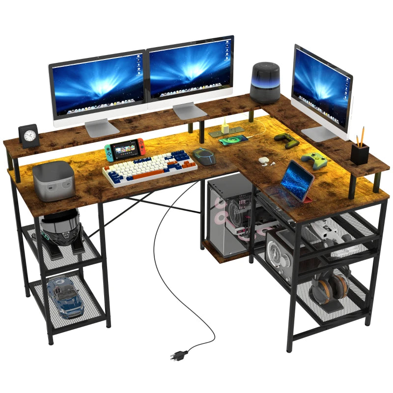 Modern LED Light 'L' Shape Computer Desk with Shelves - Stylish Brown Finish for Home Office