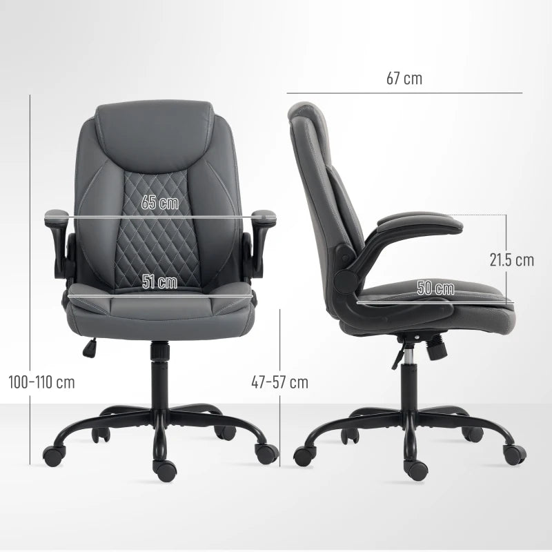 Charcoal Grey Faux Leather Office Chair with Flip-Up Armrests - Ergonomic Design for Comfort and Style