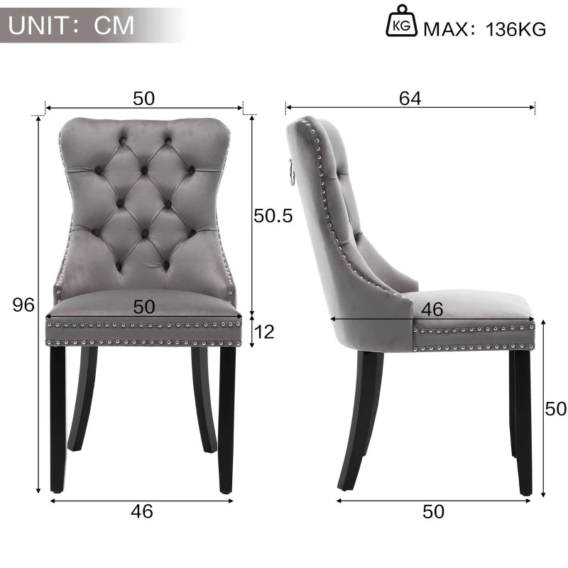 Set of 2 Grey Velvet Dining Chairs with Knocker Ring, Button Tufted Backrest & Rubber Wood Legs - Stylish & Comfortable