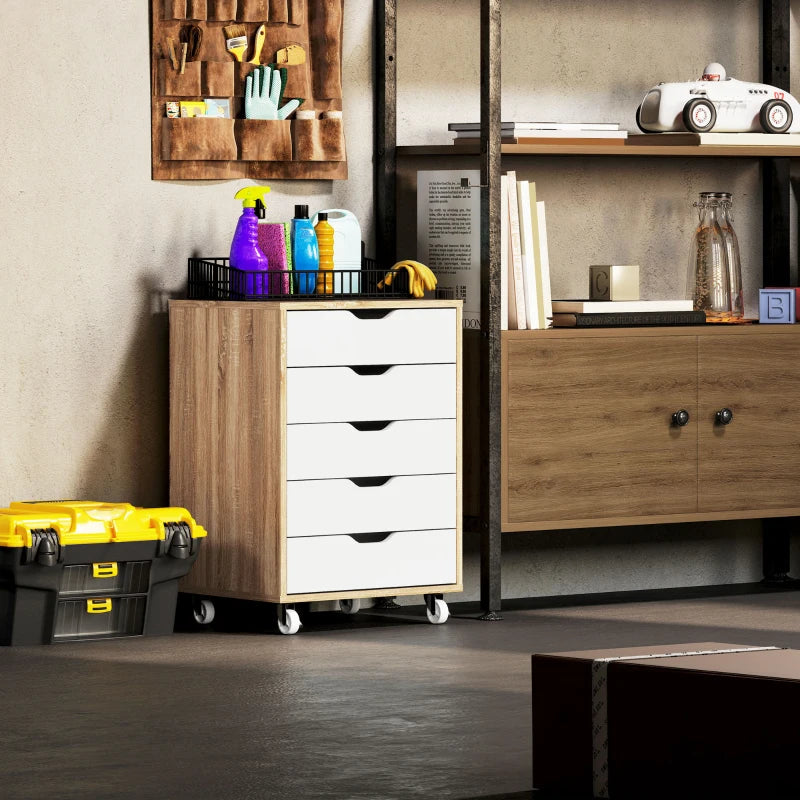 Vinsetto Oak Brown Five-Drawer Filing Cabinet on Wheels - Stylish Storage Solution for Home Office & Workspace