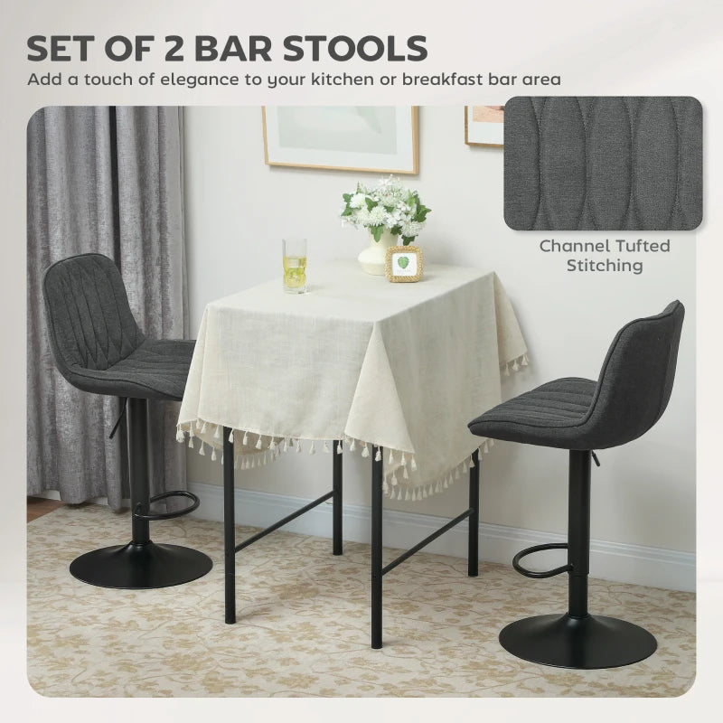 Set of 2 Charcoal Grey Linen-Look Bar Stools - Stylish & Comfortable Seating for Kitchen or Home Bar
