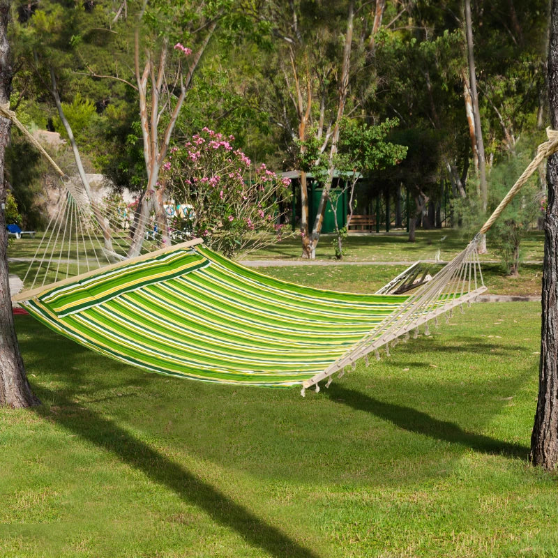 Green Striped Double Cotton Hammock with Pillow - Outdoor Swing Bed 188L x 140W (cm)