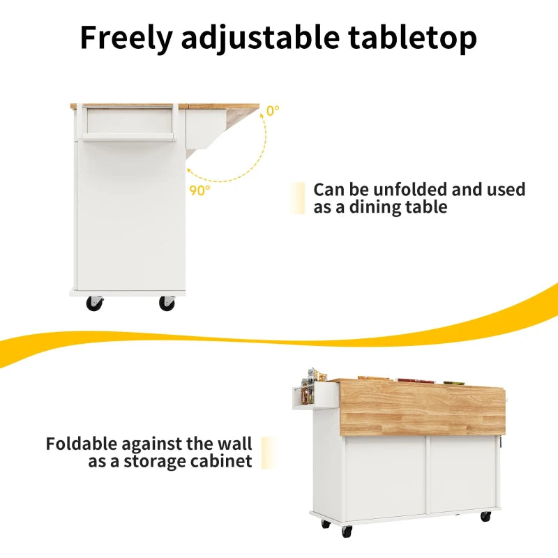 Waterproof Kitchen Island Trolley with Rolling Casters & Adjustable Shelf - Elegant White Kitchen Cart with Folding Side Board, 128L x 78W x 90.5H cm