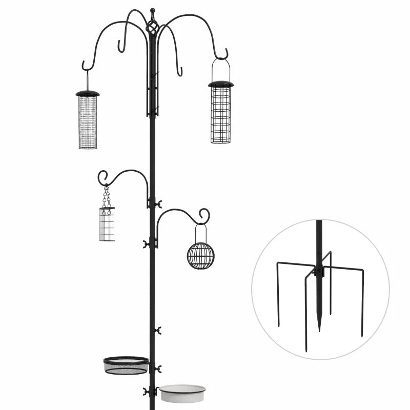 Premium Bird Feeding Station Kit - 6 Hook Wild Bird Feeder Pole with 4 Hanging Feeders for Garden & Outdoor Use - Black