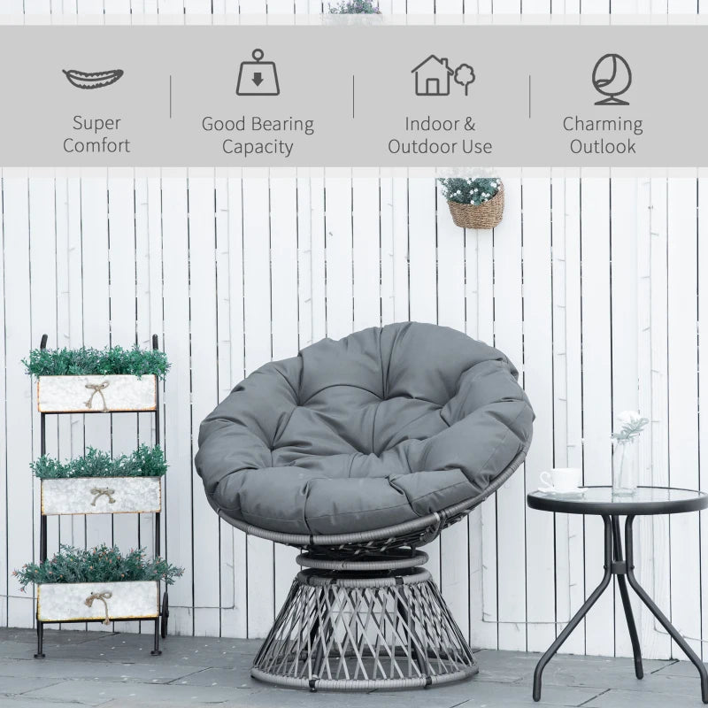 Grey Swivel Rattan Moon Bowl Chair with Padded Cushion
