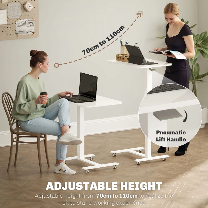 Height Adjustable Pneumatic Standing Desk - Mobile Overbed Table with Wheels for Home Office & Laptop - White Finish
