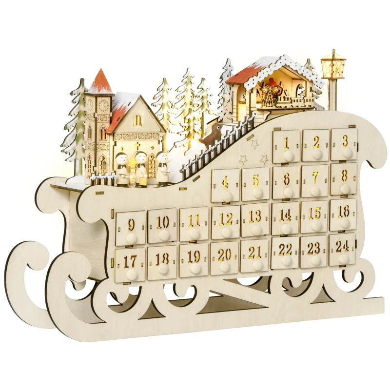 2021 Light Up Christmas Advent Calendar - Wooden Sleigh Holiday Decoration with Countdown Drawers for Kids & Adults - Natural Wood