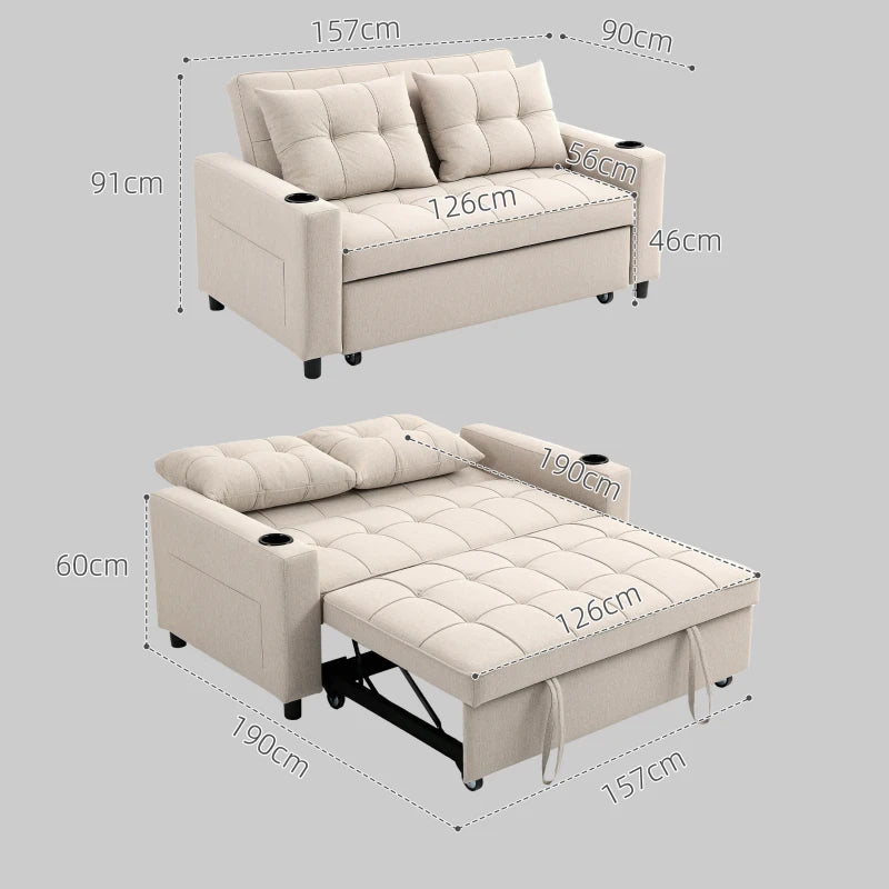 Beige Two-Seater Pull-Out Sofa Bed for Small Spaces