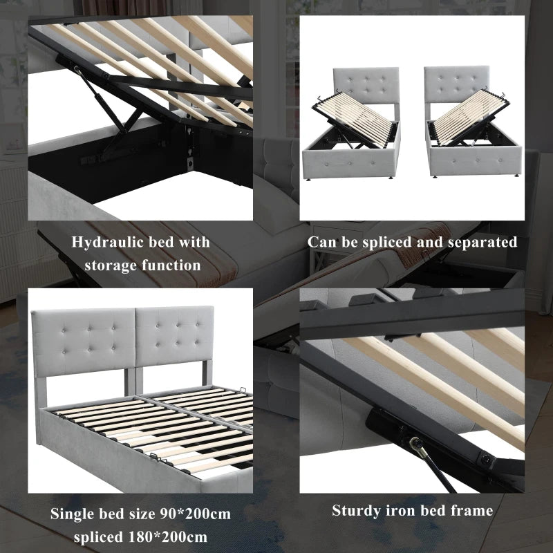 Velvet Upholstered Double Bed with Hydraulic Lift Storage Iron Frame Grey 197x181x105 cm