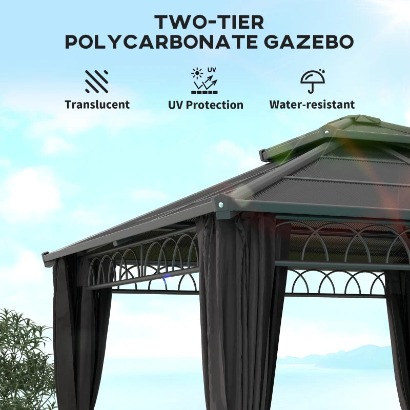 3 x 3 m Dark Grey Outdoor Polycarbonate Gazebo - Double Roof Hard Top with Galvanised Steel Frame, Nettings & Curtains for Garden, Lawn, Patio and Deck