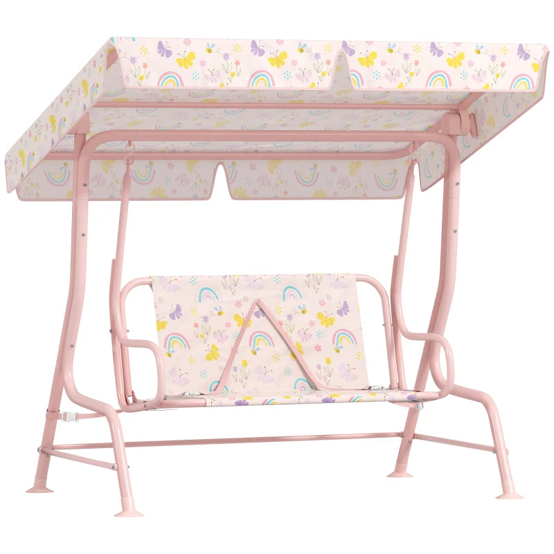 Kids Garden Swing Chair with Adjustable Canopy, Safety Belt, 2 Seater Hammock Swing Bench for Patio and Porch - Pink