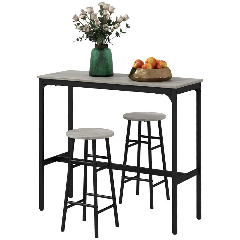 Industrial 3 Piece Bar Table Set with 2 Stools - Grey Dining Table and Chair Set for Home or Kitchen