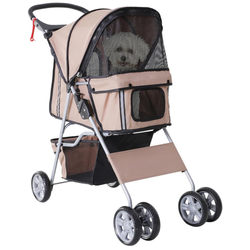 Foldable Pet Stroller for Small Dogs & Cats - Travel Carriage with Wheels, Zipper Entry, Cup Holder & Storage Basket - Brown