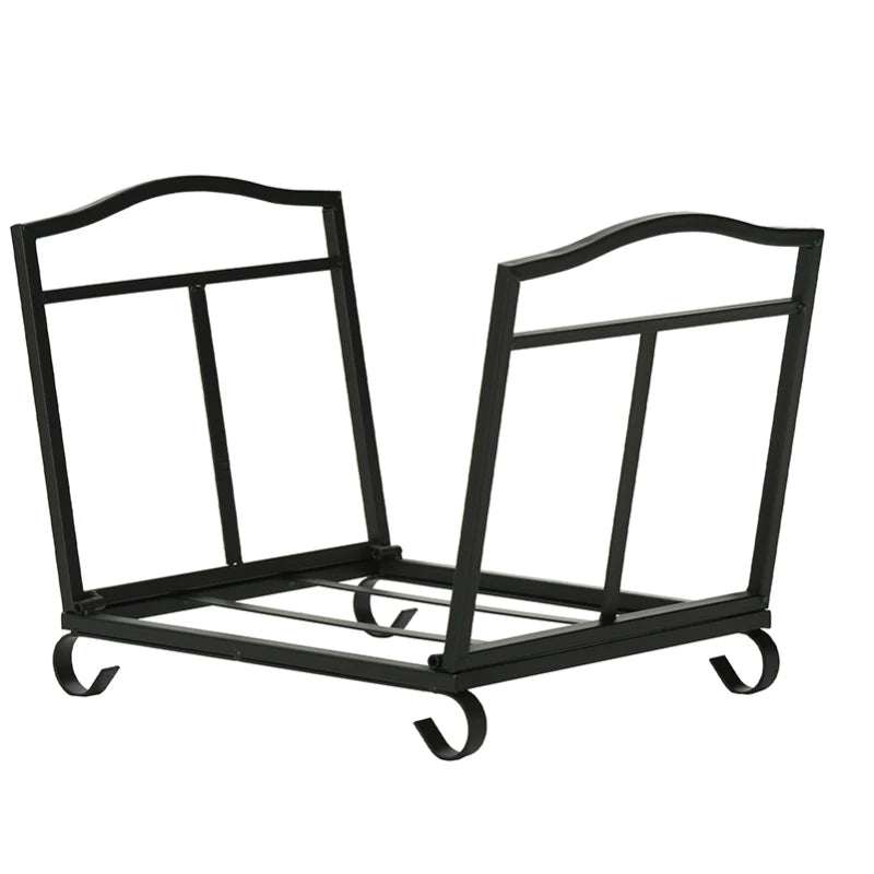 Metal Firewood Log Holder Rack - Indoor Outdoor Folding Fireplace Wood Storage Shelf, Rust-Resistant, Black, 48x34x37cm