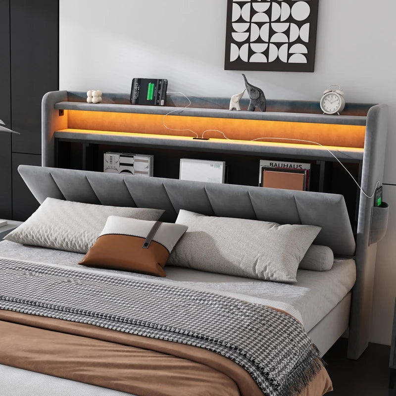 Velvet Upholstered Double Bed with Storage & LED Light Strip, 4 USB Ports, Grey - 204L x 140W x 107H cm