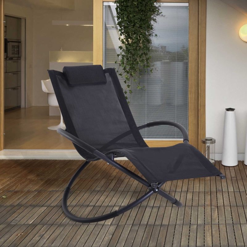 Black Outdoor Zero Gravity Rocking Chair with Pillow