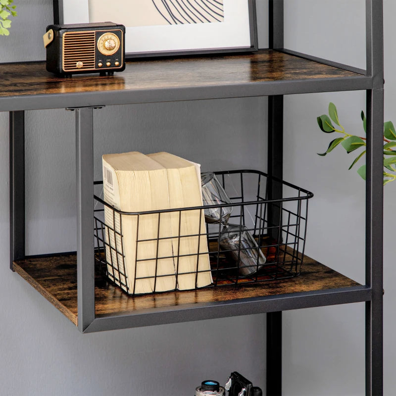 Industrial 6-Tier Metal Bookcase Shelf - Rustic Brown Storage Shelves for Living Room, Home Office & Bedroom