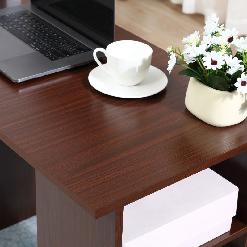 Walnut Brown Computer Desk with 3 Storage Shelves & Drawers - Stylish Writing Table for Home Office, Black Handle