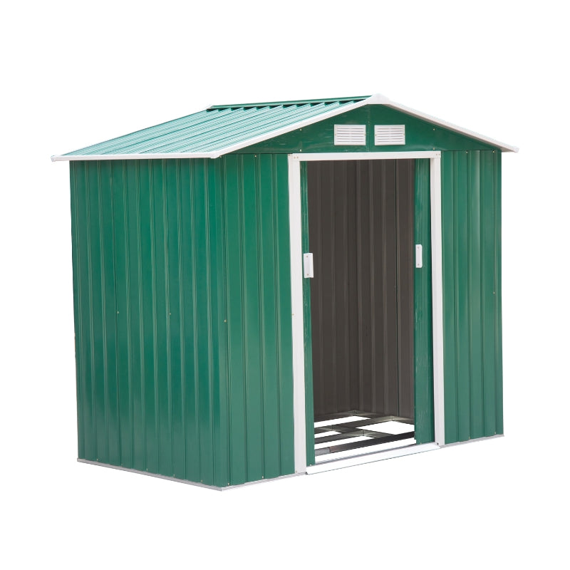 Green 7ft x 4ft Lockable Metal Shed with Ventilation Slots, Foundation Kit and Lockable Double Doors
