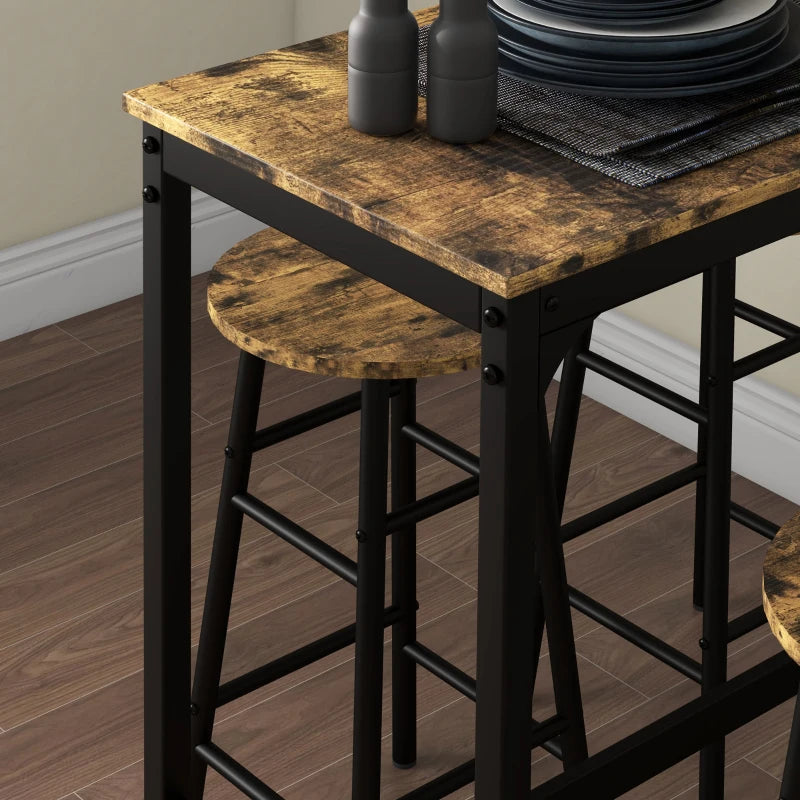5-Piece Industrial Bar Table Set with 4 Stools - Rustic Brown Dining Table and Chair Set for Home or Kitchen
