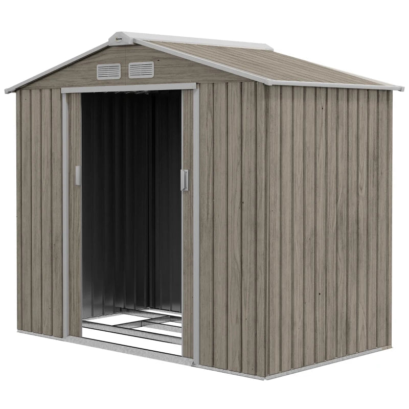 7ft x 4ft Light Brown Metal Storage Shed With Lockable Double Doors & Floor Foundation Kit