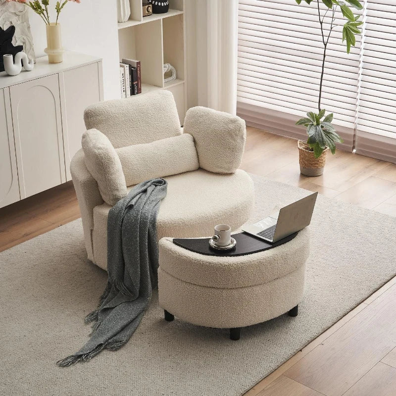 Teddy Swivel Armchair with Cushions and Ottoman Stool, 360° Recliner Sofa, White, 107L x 105W x 82H cm
