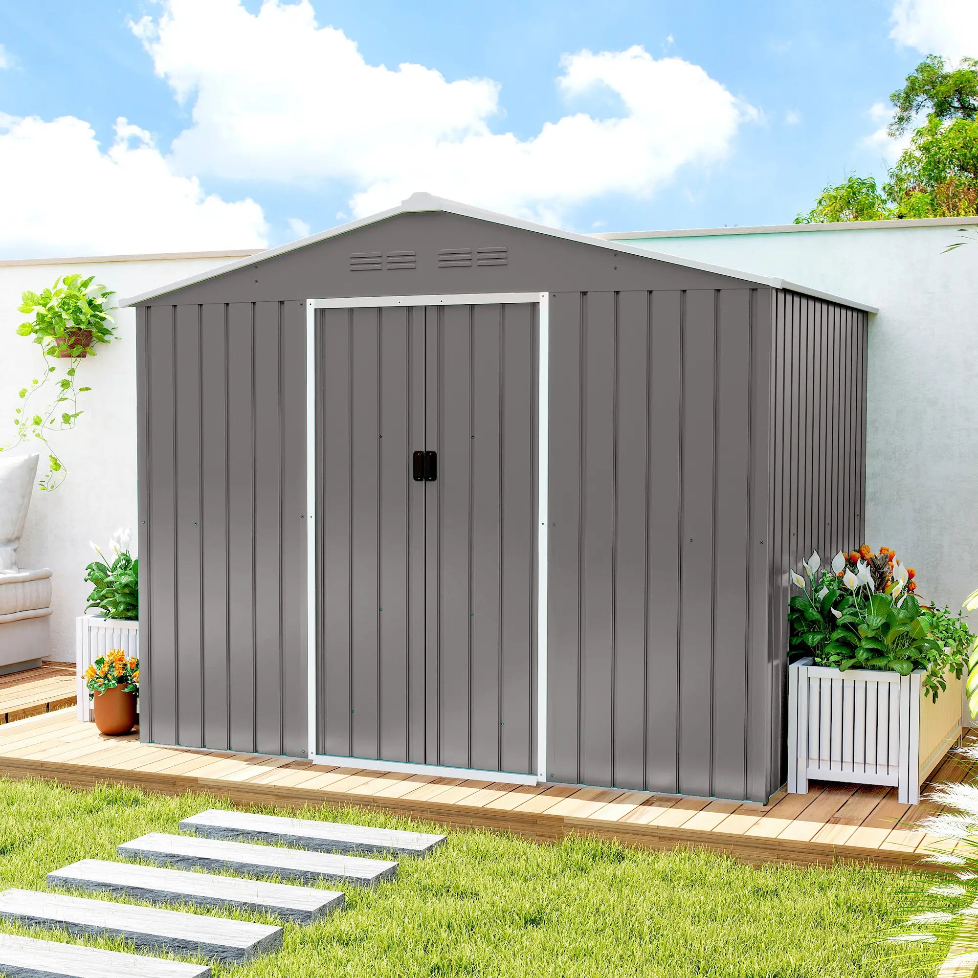 8 x 6ft Galvanised Steel Garden Shed with Lockable Double Sliding Doors – Large Outdoor Metal Storage, Ventilated, Weather & Rust Resistant, Light Grey
