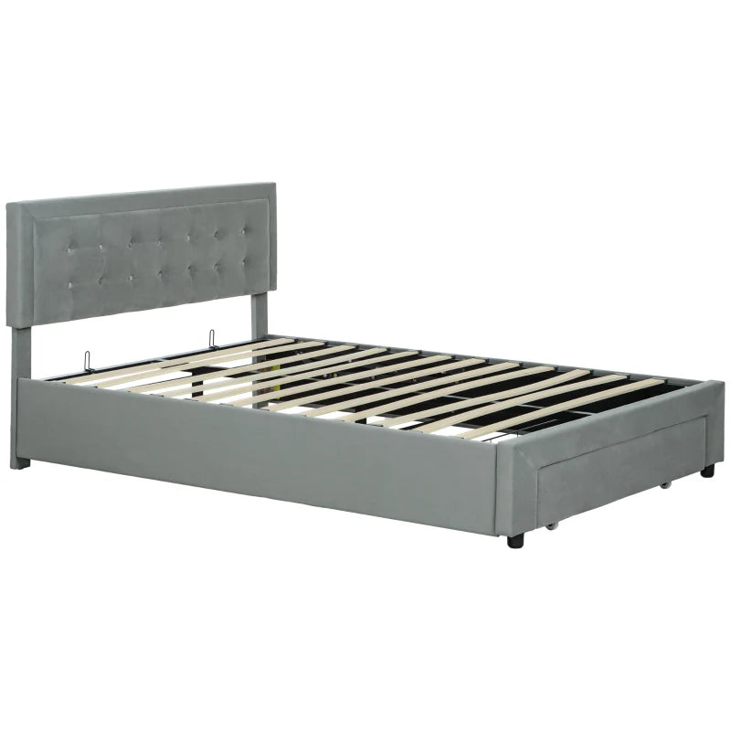 Double Size Ottoman Bed Frame with Front Drawer Stylish Grey Design 140x193.5x95cm
