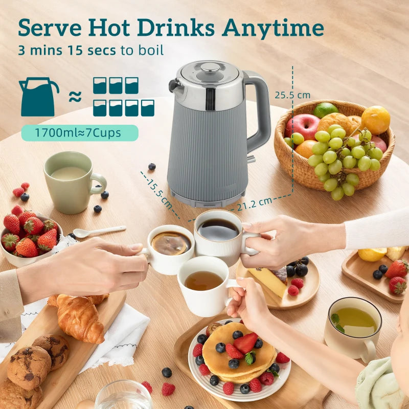 Electric Stainless Steel Kettle & Toaster Set - 3000W Fast Boil 1.7L Kettle with Limescale Filter & 4 Slice Toaster in Taupe