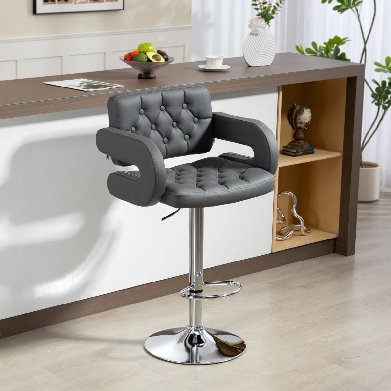 Adjustable Grey PU Leather Swivel Bar Stool with Back, Armrest & Footrest - Modern Height-Adjustable Design for Home & Bar