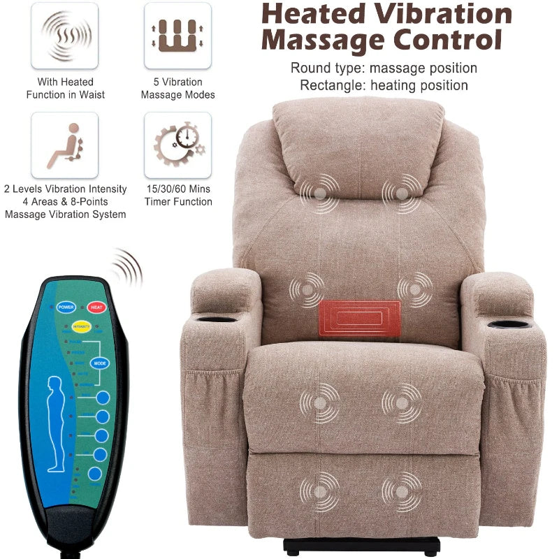 Electric Recliner Chair with Remote Control, Massage and Heating Features, Cup Holders and Side Pockets, Ideal for Seniors, Light Brown